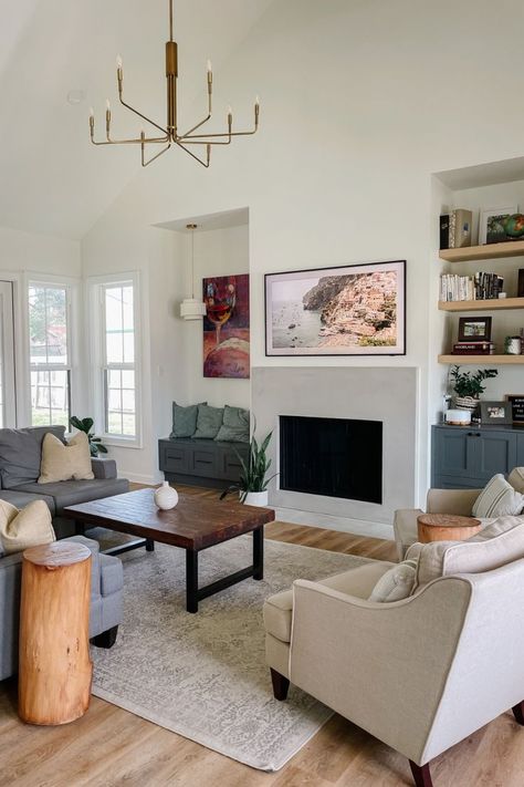 Fireplace In Vaulted Living Room, Bedrosians Cloe Tile, Carolina Gull, Fireplace With Cabinets, Cloe Tile, Open Concept Kitchen Living Room Layout, Concrete Fireplace Surround, Vaulted Living Room, Wood Burning Fireplace Inserts