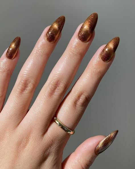 Brown Nails With Design, Gold Cat Eye Nails, Brown Cat Eye Nails, Funky Nail Ideas, Festival Nail Ideas, Concert Nails, Brown Nail, Velvet Nails, Vintage Nails