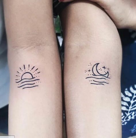 Moon And Ocean Tattoo Designs, Sun Moon Stars Water Tattoo, Sun Moon And Ocean Tattoo, Moon Beach Tattoo, Sun And Moon Friend Tattoo, Small Moon And Sun Tattoo, Sun And Moon Tattoo Matching Couple, Sun Ocean Tattoo, Sun Moon Matching Tattoo