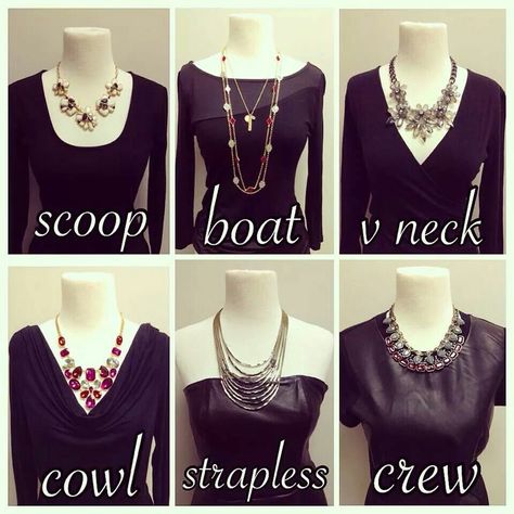 A great guide for what kind of necklaces to wear with each type of blouse. Necklace For Neckline, Necklace Guide, Colors Combinations, Autumn Jewelry, Boat Neck Blouse, Fashion Vocabulary, Wardrobe Accessories, Indian Embroidery, Hair Clothes