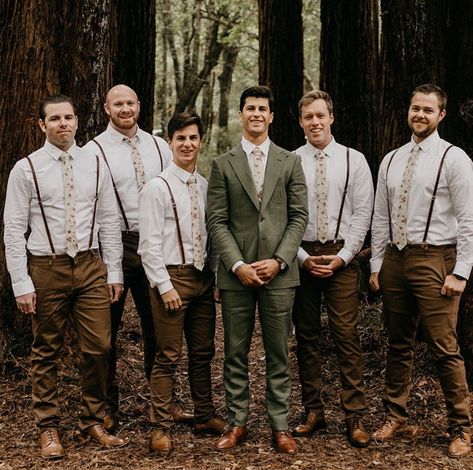 Eclectic Groom Attire, Green Groom Beige Groomsmen, Woodland Groomsmen Attire, Rustic Boho Groom Attire, Boho Rustic Groomsmen Attire, Romantic Groom Attire, September Wedding Groomsmen Groom Attire, Green Groom Brown Groomsmen, Green Suit Brown Shoes