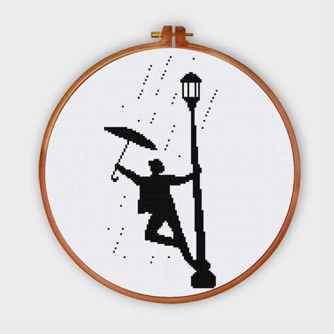 Singin' in the rain movie cross stitch pattern от ThuHaDesign Rain Cross Stitch, Rain Silhouette, Movie Design, Gene Kelly, Cross Stitch Funny, Simple Cross Stitch, Modern Cross Stitch Patterns, Cross Stitch Ideas, Stitch Ideas