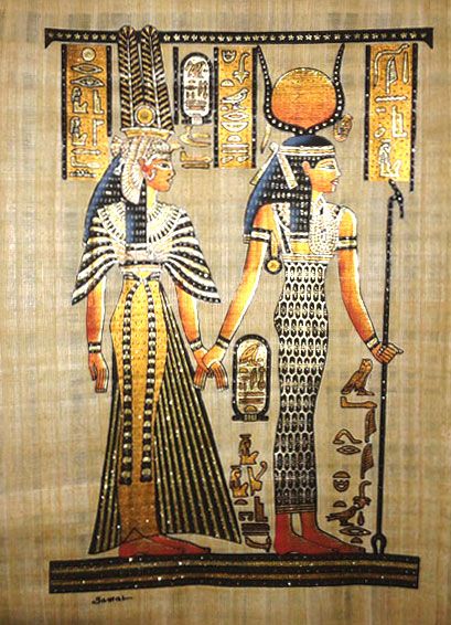 Papyrus Painting: Isis leading Nefertari to the afterlife Egyptian Crafts, Egyptian Papyrus, Egyptian Painting, Egyptian Temple, Ancient Egypt Art, Queen Nefertiti, Queen Of Heaven, Egypt Art, After Life