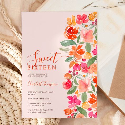 Boho burnt orange earth tone floral chic sweet 16 invitation Teenage Birthday Party, Summer Birthday Invitations, Sweet Sixteen Birthday Invitations, 16 Invitations, Sweet 16 Birthday Party, Sweet Sixteen Birthday, Sweet 16 Invitations, Floral Party, Rose Orange