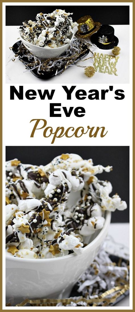 New Year's Eve Popcorn- This New Year's Eve popcorn is an easy (and yummy) party dessert! The combo of crunchy popcorn, sweet chocolate, and pretty sprinkles makes for a great treat! | New Year's food, appetizer, party food, snack, New Year's Eve dessert, gold, stars, quick recipe, fast appetizer recipe Easy Party Treats, New Years Eve Snacks, Popcorn Sweet, New Year's Snacks, New Years Eve Dessert, New Years Appetizers, Appetizer Party, New Year's Eve Appetizers, New Year's Desserts