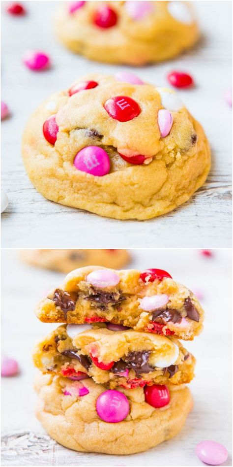 Soft M&M Chocolate Chip Cookies - The softest, thickest, best M&M cookies ever! People go nuts for these big cookies loaded with M&Ms and chocolate chips! Averie Cooks, Big Cookie, 200 Calories, Yummy Sweets, Eat Dessert, Cookie Desserts, Sweets Treats, Pink And Red, Just Desserts