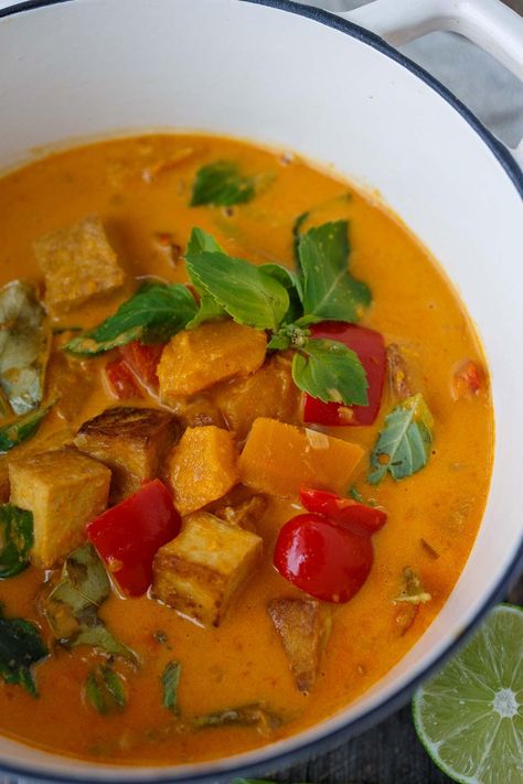 This creamy Pumpkin Curry recipe is full of delicious Thai flavors, made with fresh pumpkin and your choice of tofu, chicken or shrimp. Gluten-free, dairy-free, and great for meal prep! Pumpkin Curry Recipe, Red Kuri Squash, Coconut Broth, Lemongrass Paste, Feasting At Home, Curry Coconut, Tofu Chicken, Pumpkin Curry, Fresh Pumpkin