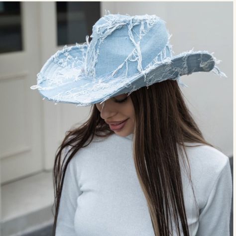 Just In! Super Trendy Cowboy Fedoras Combined With Distress Details. One Size Fits Up To Women's Large. 100% Cotton. Denim Cowgirl, Denim Cowboy, Fedora Hat Women, Wide Brim Fedora, Flower Band, Hat Women, Cowgirl Style, Fedora Hat, Cowboy Hat