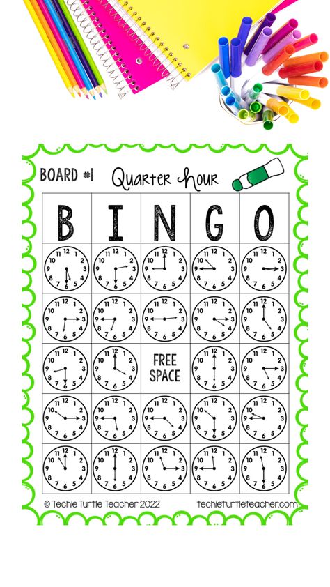 Telling Time to the Quarter Hour Bingo Telling Time To The Quarter Hour, Clock Teaching Ideas, Math Bingo 2nd Grade, Time Telling Activities, Clock Activity For Preschool, Teaching Time 2nd Grade, Quick Classroom Games, Clock Activities For Kids, Telling The Time Activities