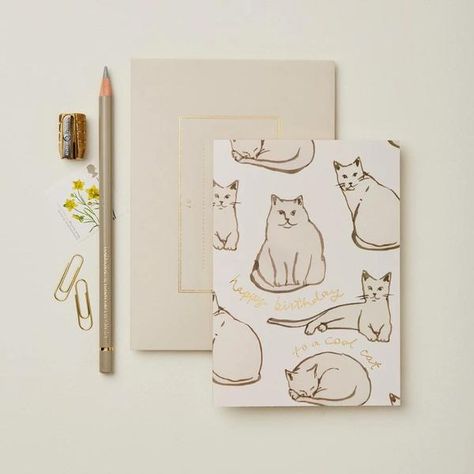 A cute little card for cat lovers, adorned with our feline friends and reading 'Happy Birthday to a cool cat'. Paired with a luxury taupe envelope that features a vintage-inspired golden address label. All of Wanderlust Paper Co’s cards feature golden foil on the front and back of the card, proudly hand-printed in their Hove studio. Designed and printed in the UK on FSC certified papers Cat Birthday Greetings, Cat Lover Birthday, Cat Birthday Card, Happy Birthday Fun, Birthday Wishes Cards, Cat Cards, Cat Birthday, It's Your Birthday, Cat Paws