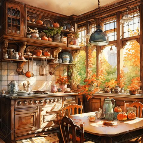 Kitchen Clipart, Cottagecore Kitchen, Autumn Kitchen, Fall Cottage, Fall Artwork, Journaling Scrapbook, Cosy Kitchen, Rustic Autumn, Cosy Room