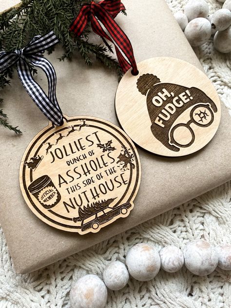 Wooden Christmas Ornaments DIMENSIONS/OVERVIEW: Height: 4 Inches; Width: 4 Inches; Depth 1/5 Inches Laser engraved and cut on birch wood. Each ornament comes ready to hang with red and white twine already attached for easy hanging or quick gifting. We can work with you to customize a design you love! Love the listing but don't like the wording? Send us a message and we can create a custom listing for you! OTHER DETAILS: All of our signs are 100% handmade in our home in Fairmont, WV. Current turn Christmas Wood Engraving Ideas, Wooden Engraved Ornaments, Xtool M1 Project Ideas Christmas, Laser Engraved Christmas Gifts, Christmas Ornaments Laser Cut, Christmas Engraving Ideas, Laser Ornaments Christmas, Laser Engraved Christmas Ornaments, Fall Laser Projects