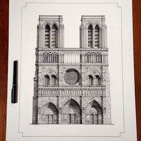 Notre Dame by M Gruneberg Gothic Architecture Drawing, Architecture Drawing Sketchbooks, Landscape Architecture Drawing, Isometric Drawing, Interior Architecture Drawing, Building Drawing, Pen Art Drawings, Sketching Drawing, Amazing Drawings