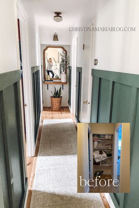 Learn how to makeover a narrow hallway with this DIY remodel from Christina Maria. By adding a board and batten wall and reclaimed wood, you can create a beautiful small space in your own house. Includes before and after pictures.  #christinamaria #hallwayremodel Hallway Before And After, Hallway Remodel, Narrow Hallway Decor, Pictures Hallway, Hallway Makeover, Batten Wall, Blogger Home, Narrow Hallway Decorating, Narrow Hallway Ideas