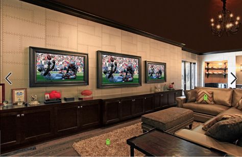 Long TV console with 3 TVs. Two Tvs In One Room Ideas, Tv In Living Room Ideas, Tv Room Ideas, Game Room Basement, Multi Screen, Video Game Rooms, Tv Design, Game Rooms, Ideas Pictures