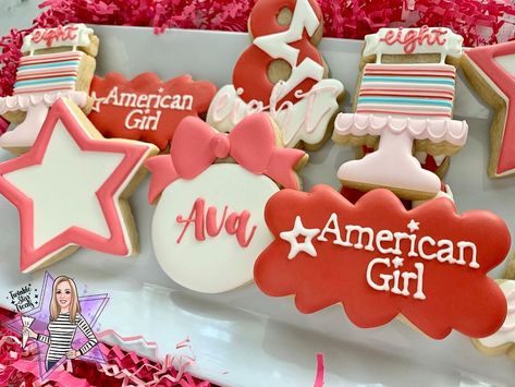 American Girl Themed Birthday Party, Tea Party Cookies, American Girl Birthday Party, American Girl Birthday, 10th Anniversary Party, American Girl Parties, Doll Cookies, American Girl Books, Girls Tea Party