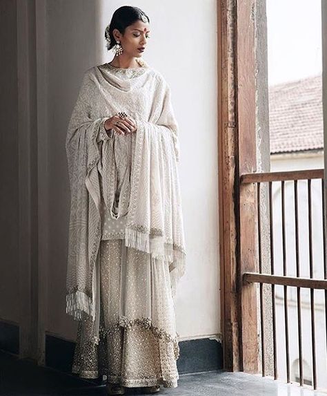 #Sabyasachi #Chikankari #Sharara @ensembleindia Best Designer Suits, Desi Attire, Sabyasachi Bridal, Sabyasachi Mukherjee, Lehenga Gown, Indian Designer Suits, Desi Clothes, White Suit, Pakistan Fashion