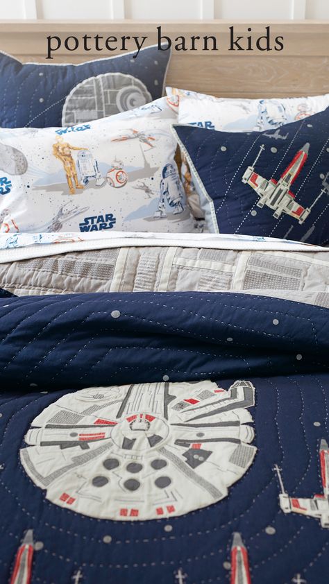 Bring intergalactic design to their sleep space with this cozy all-cotton quilt. Featuring the Millennium Falcon™ and a platoon of X-wing™ starfighters, it boasts an iconic Star Wars style. Crafted of cotton that’s certified by the Better Cotton Initiative, it’s STANDARD 100 BY OEKO-TEX® Certified to be tested against a list of over 350 harmful substances. Star Wars Bed, Star Wars Bedroom, Star Wars Room, Star Wars Kids, Toddler Bedrooms, Millennium Falcon, Quilted Sham, Big Boy Room, Star Wars Darth Vader