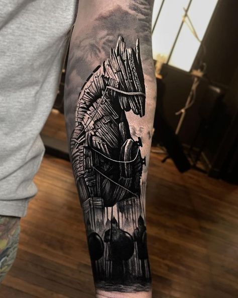 Trojan Horse Tattoo, Calf Sleeve Tattoo Men, Sleeve Tattoo Men, Tattoos Warrior, Sparta Tattoo, Calf Sleeve Tattoo, End Tattoo, Warrior Tattoo Sleeve, Greek God Tattoo