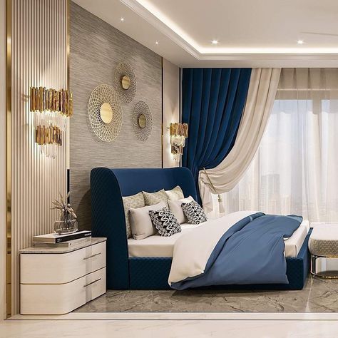 Blue And Gold Master Bed, Navy Blue Gold Bedroom Ideas, Beige And Blue Room Bedrooms, White And Royal Blue Bedroom, Blue Bed Master Room, Royal Blue White And Gold Bedroom, Blue And Gold Master Bedrooms Decor, Blue Black And Gold Bedroom, Navy Blue Master Bedrooms Decor