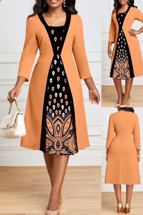 This midi-length dress has a unique patchwork design that looks like two pieces. The vibrant orange color and ombre tribal print make it stand out. It's perfect for work or other professional occasions. Made of 97% polyester and 3% spandex, it can be machined or hand-washed. Suitable for spring or autumn. Only one dress is included in the package. #workwear #workwearstyle #workwearfashion #officewear #workclothes #womenfashion #womenstyle #womenwear #womenclothing #beauty #ootd #outfitoftheday Beautiful Orange Dresses, Ankara Agbada Styles For Women, Kitenge Dress Designs Unique, Kitenge Dress Designs, Kitenge Dress, Casual Dresses Plus Size, Women Fashion Dress, Skater Skirts, Orange Dresses