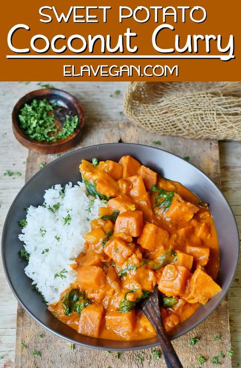 Potato Curry Recipes, Sweet Potato Curry Vegan, Potato Coconut Curry, Sweet Potato Coconut Curry, Chickpea Potato, Curry With Spinach, Chickpea And Potato Curry, Vegan Crockpot Recipes, Vegan Crockpot