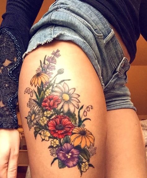 Flowers For Tattoo Cover Up, Color Leg Tattoos Women, Texas Wildflower Tattoo Sleeve, Hyper Realistic Flower Tattoo, Victorian Flower Tattoo, Wildflower Tattoo Sleeve Shoulder, Multi Flower Tattoo, Thigh Tats For Women Unique, Large Cover Up Tattoos For Women Leg