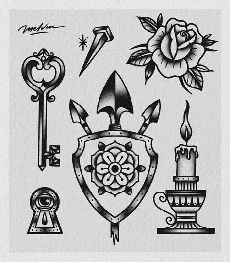 Traditional Shield Tattoo, Old School Pirate Ship Tattoo, Medieval Flail Traditional Tattoo, Medieval Tattoo Flash, Traditional Nautical Tattoo Flash, Shield Tattoo, Candle Drawing, Candle Tattoo, Old Tattoos