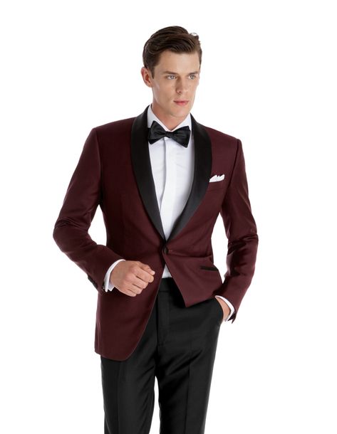 Burgundy Dinner Jacket with Black Tuxedo Pants Red Suit Black Pants Men, Burgundy Dinner Jacket, Burgundy Suit Jacket, Jas Wedding, Beckham Suit, Burgundy Pocket Square, Fitted Suits, David Beckham Suit, Custom Tuxedo