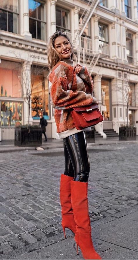 Orange Boots Outfit, Fall 2023 Outfits, Gergana Ivanova, High Heel Dress Boots, Faux Leather Leggings Outfit, Orange Boots, 2023 Outfits, Hot Boots, High Leather Boots