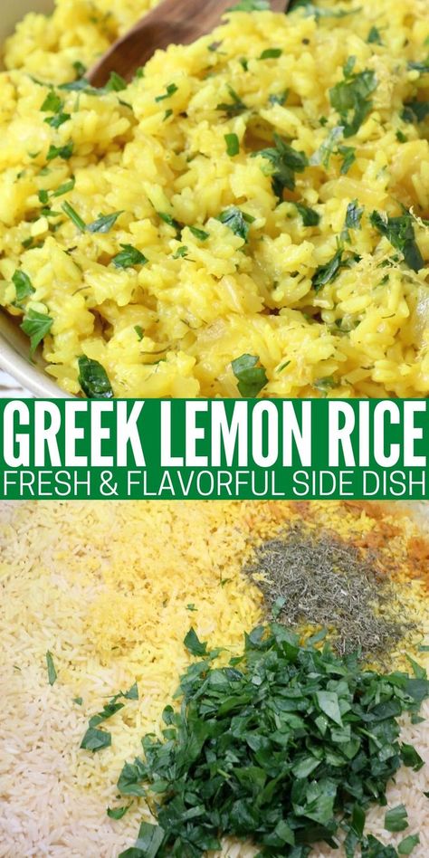 cooked lemon rice in bowl and uncooked lemon rice in pot with herbs and spices Lemon Rice Recipes, Greek Rice Recipe, White Rice Dishes, Pork Side Dishes, Australian Foods, Lemon Rice Recipe, Rice Ideas, Greek Rice, Greek Lemon Rice