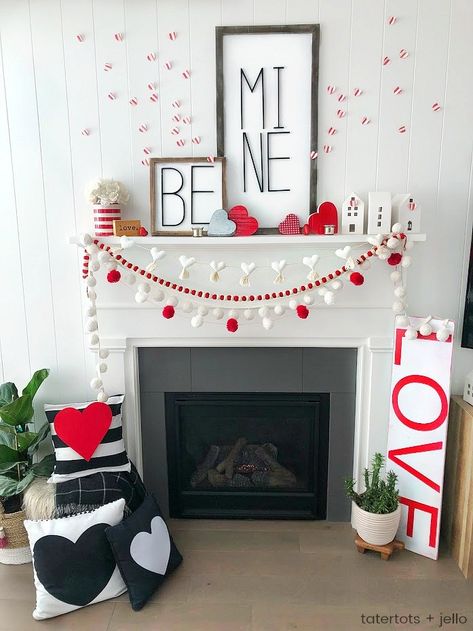 Diy Valentines Signs, Valentine’s Decorations, Modern Valentines Day Decor, Diy Valentine Garland, Valentine’s Day Mantel Decor, Modern Valentines Decor, Valentine Mantel Ideas, Valentines Day Decorations Diy, Mantel Diy