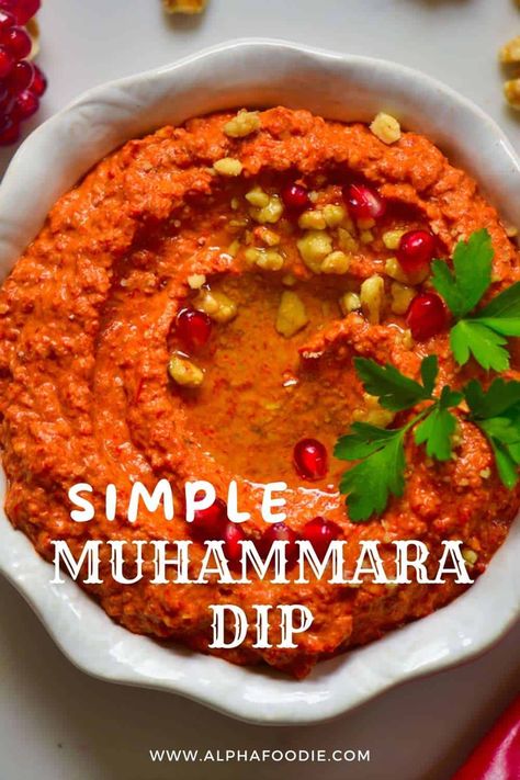 How to make simple, delicious muhammara dip, spread, or sauce with just a handful of ingredients – this smokey, sweet, savory, very lightly spiced roasted red pepper dip with walnuts is the perfect mezze, appetizer, or side and is packed with flavor and nutrients! Plus, this Arabic dip is gluten-free, dairy-free, low-carb, and naturally vegan! Muhammara Dip, Muhammara Recipe, Walnut Dip, Baked Peppers, Roasted Red Pepper Dip, Red Pepper Dip, Pepper Dip, Stuffed Pepper Dip, Vegan Dip