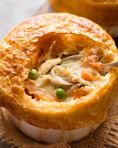 Close up of Chicken Pot Pie in a ramekin with puff pastry topping, made from scratch with uncooked chicken. Uncooked Chicken, Tin Eats, Chicken Pot Pie Recipe, Pot Pie Recipe, Easy Chicken Pot Pie, Recipetin Eats, Recipe Tin, Chicken Pie, Pot Pies Recipes