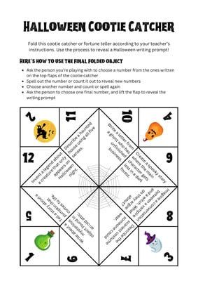 Halloween Writing Prompts Cootie Catcher Fortune Teller Activity Worksheet with Cartoon Decorations by Pagecraft Printables Halloween Cootie Catcher Free Printable, All About Me Spinner, Canva Education, Halloween Fortune Teller, Fortune Teller Game, Halloween Writing Prompts, Spinner Wheel, Cootie Catcher, Halloween Class Party