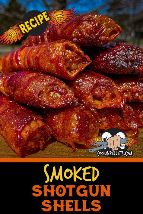 Smoked Shotgun Shells in a pile on a cutting board Smoked Shotgun Shells Recipe, Shotgun Shells Recipe, Grilling Appetizers, Smoked Shotgun Shells, Pit Boss Pellet Grill Recipes, Manicotti Shells, Grilled Appetizers, Bbq Appetizers, Shells Recipe