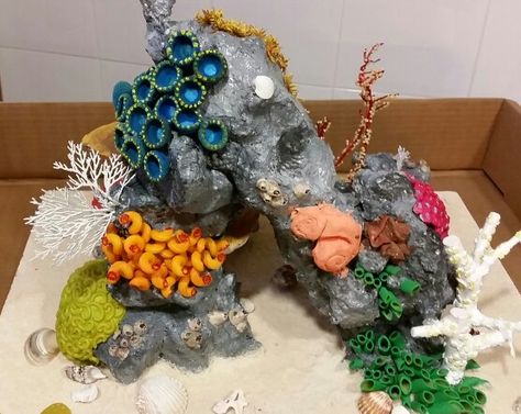 Maqueta corales marinos hecho con materiales de casa: pan rallado, fideos, semillas, telgopor,  ramitos,  papel maché. .... Diy Reef, Under The Sea Decorations, Ariel Birthday Party, Ocean Cakes, Fake Rock, Ocean Room, Mermaid Room, Sea Decor, Birthday Party Theme Decorations