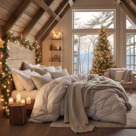 Romantic Christmas Bedroom, Bloxburg Winter Bedroom, Room Inspo Christmas, Cute Christmas Decor For Bedrooms, White Christmas Decor Bedroom, Cozy Christmas Home Decor, Christmas Bedroom Decor Aesthetic, White Christmas Bedroom Decor, Bloxburg Christmas Bedroom