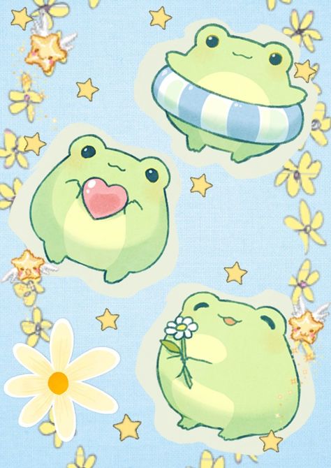 Frogs in summer with yellow flowers Cute Frog Backgrounds, Cute Frog Pfp, Ayunoko Frog, Frog Background, Frog Pfp, Frog Wallpaper, Blue Drawings, Frog Illustration, Frog Pictures