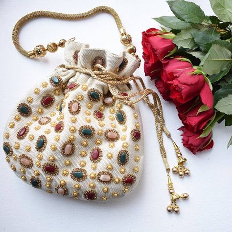 Cream Jute Potli bag embellished with multi-coloured stones.   Jute Embellished Purses, Potli Bag, Wedding Handbag, Embellished Bags, Diy Bag Designs, Potli Bags, Embroidery Bags, Bag Shop, Vintage Purses