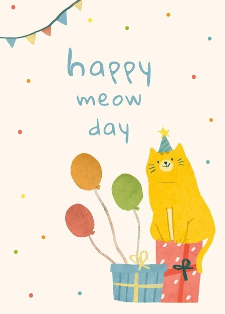 Birthday greeting template with cat illu... | Free Vector #Freepik #freevector #cute-poster #birthday-illustration #birthday-cat #cat-design Cute Birthday Invitation Card, Birthday Invitation Card Template, Happy New Year Banner, Happy Birthday Design, One Year Birthday, Birthday Illustration, Cat Birthday Card, Birthday Postcards, Doodle Cartoon