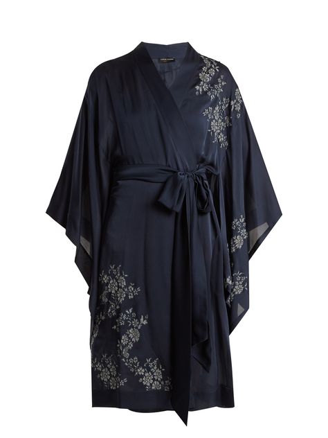 Carine Gilson Lace-appliqué short silk-satin kimono Navy Blue Kimono, Carine Gilson, Blue Cami, Blue Kimono, Satin Kimono, Kimono Wrap, Lace Kimono, Short Kimono, Silk Robe