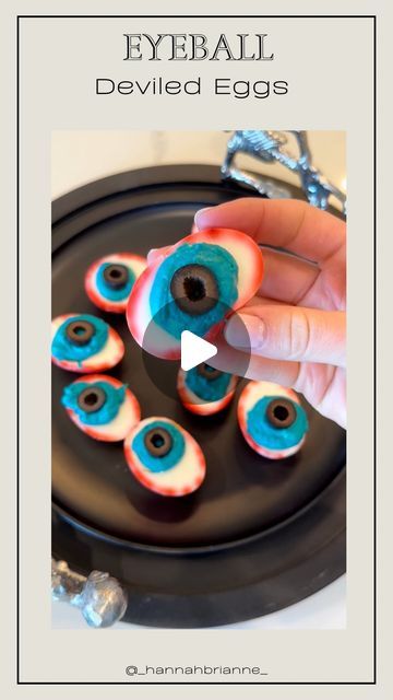 Hannah Brianne on Instagram: "Would you try these?!👁️👻🖤

Eyeball Deviled Eggs! 

Ingredients:
- 6 Hard Boiled Eggs, Unpeeled 
- 3 Tablespoons Mayonnaise
- 1 Tablespoon Dijon Mustard 
- Red Food Coloring
- Blue Food Coloring 
- Salt & Pepper to Taste 

Directions: 
1. Using the back of a spoon, crack the shells of the Hard Boiled Eggs. Do not remove the shell!! 
2. Put the cracked eggs in a ziplock bag. Mix in 1 Cup of water with a generous squirt of Red Food Coloring. Refrigerate for at least two hours, or overnight for a stronger color. 
3. Remove the eggs from the refrigerator and gently peel away the shells. 
4. Cut the eggs in half lengthwise. 
5. Combine the egg yolks, Mayonnaise, Dijon Mustard, Blue Food Coloring Salt & Pepper in a bowl. 
6. Pipe the blue yolk mixture into the egg Deviled Eggs Eyeballs, Deviled Egg Eyeballs, Eyeball Deviled Eggs, Halloween Deviled Eggs, Cracked Egg, Blue Food Coloring, Blue Eggs, Cup Of Water, Blue Food