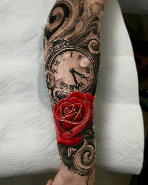 Tattoo Arrows, Tattoo Grandma, Tato Jam, Arrows Tattoo, Clock Tattoo Sleeve, Tattoo Cherry, Voll Arm-tattoos, Clock And Rose Tattoo, Grandma Granddaughter