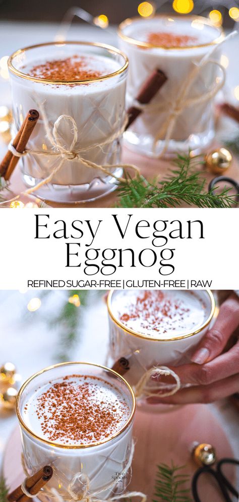 Easy Vegan Eggnog | Vegan holiday drink, serve cold or warm Holiday Milkshakes, Vegan Eggnog Recipe, Paleo Beverages, Dairy Free Egg Nog, Eggnog Recipes, Vegan Eggnog, New Year's Desserts, Vegan Holiday Recipes, Yummy Deserts