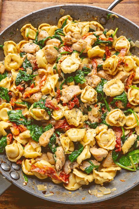 Creamy Tuscan Chicken Tortellini Sun-dried Tomato And Chicken Tortellini Bake, Creamy Tortellini With Spinach & Tomatoes, Tortellini With Tomatoes, Summer Tortellini Dinner Recipes, Chicken Tortellini With Spinach, Chicken Enchilada Tortellini, Lemon Chicken Tortellini, Tortellini Recipes Sun Dried Tomatoes, Tortellini Zucchini Recipes