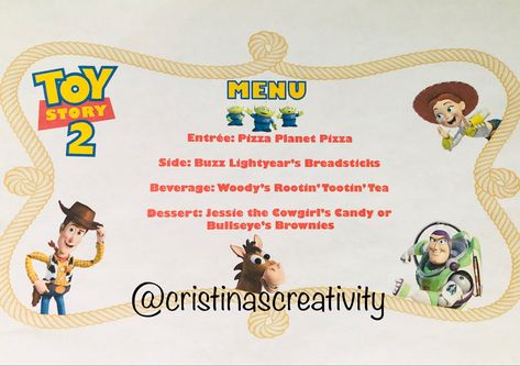 Disney Dinner And Movie Night Toy Story, Toy Story Themed Dinner, Toy Story Dinner And A Movie, Disney Movie Menu Ideas, Toy Story Movie Night, Disney Movie Night Snacks, Menu Movie, Disney Movie Themed Dinner, Disney Nights