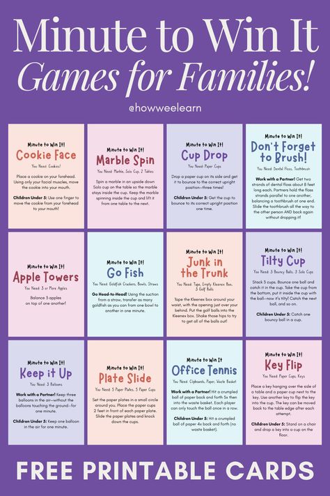 Minute to Win It Games with Free Printable Cards Minute To Win It Printables Free, Minute To Win It Games For Kids, Clock Activities, Games For Families, Birthday Quiz, Kid Puns, Kids New Years Eve, 70 Birthday, Fun Group Games