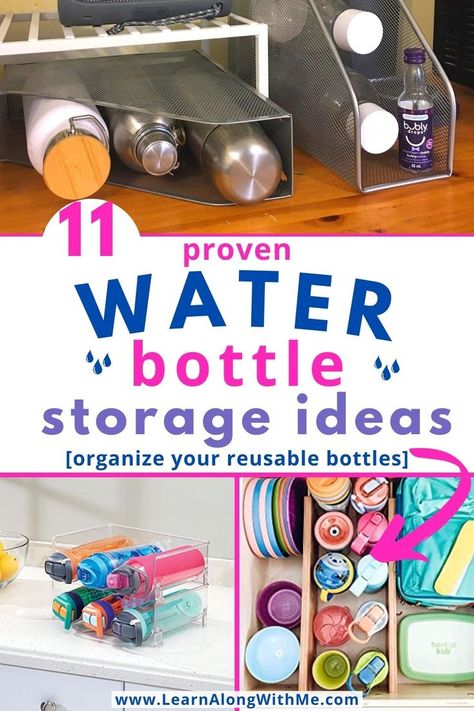 Water bottles falling out of your cabinets? These water bottle storage ideas will help.

There are 11 ideas to help you organize your reusable bottles like water bottles and travel mugs.

There are countertop organizing options, cabinet organizers, drawer organizers, and more.

Plus, a few clever ways to repurpose other organizers and use them for water bottles.

#waterbottlestorageideas  #waterbottleorganization #travelmugstorageideas  #waterbottlestorage  #travelmugstorage Water Bottle Storage Shelf, Water Bottle Storage Hack, Water Bottle Cabinet Storage, Travel Mug Storage Ideas, Reusable Water Bottle Storage, Water Bottles Storage Ideas, Organizing Water Bottles In Cabinet, Travel Cup Storage Ideas, How To Organize Water Bottles In Pantry