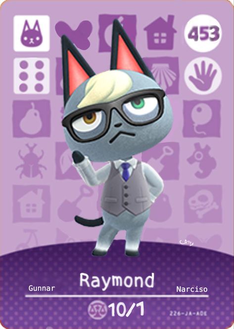 Animal Crossing Profile Card, Cat Villager Animal Crossing, Raymond Animal Crossing Gift Guide, Acnh Amiibo Card, Raymond Animal Crossing, Acnh Characters, Acnl Amiibo Cards, Amiboo Nintendo Animal Crossing, Animal Crossing Amiibo